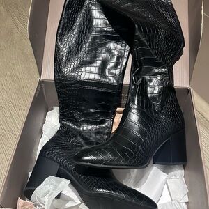 Franco Sarto Knee-high Black Croc-Patterned Heeled Boots